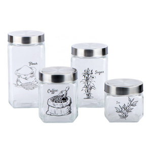 CCP095K14 square glass jar glass food canister with printing with stainless steel window lid