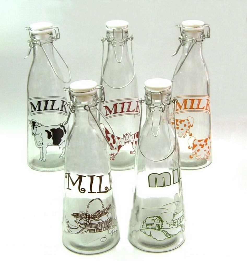 1L glass glass milk bottle with printing with metal and clip lid (TW717K)