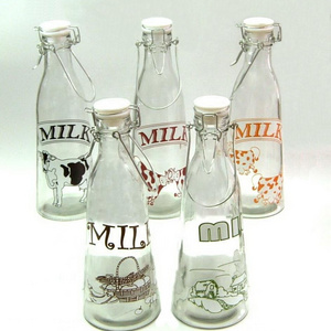 1L glass glass milk bottle with printing with metal and clip lid (TW717K)