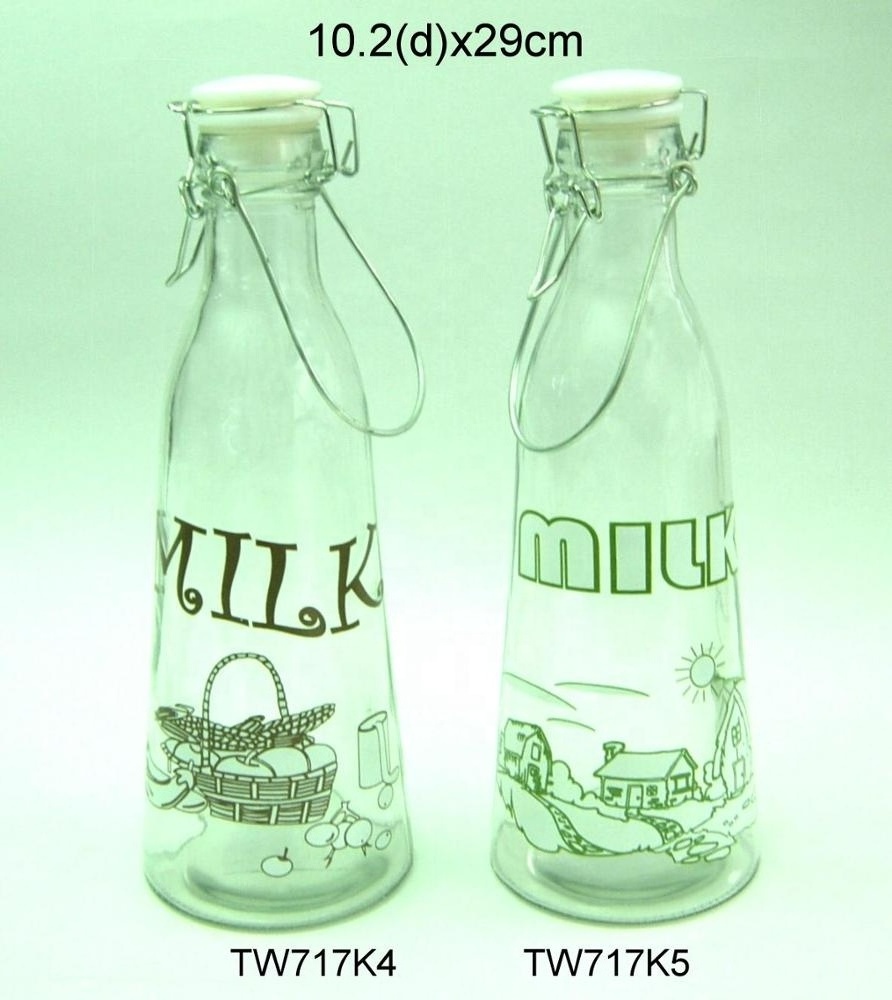 1L glass glass milk bottle with printing with metal and clip lid (TW717K)