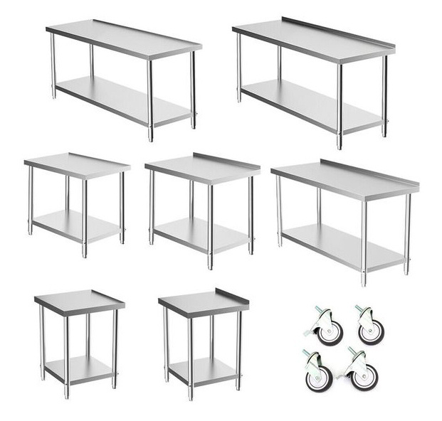 Commercial Hotel Kitchen Stainless Steel Work Tables With Top Rack Shelves