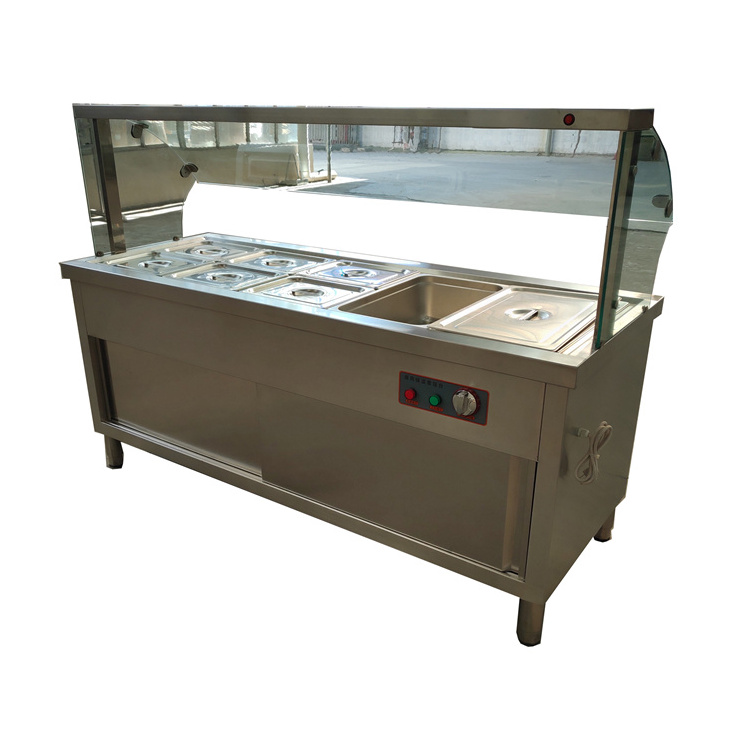 fast food restaurant 1200/1500/1800mm stainless steel steam table with full glass cover heating food counter