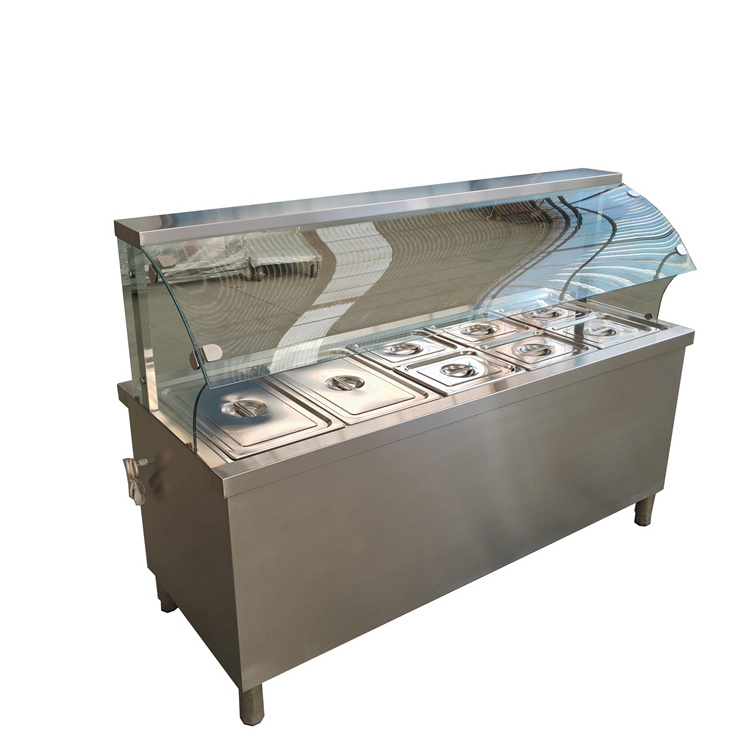 fast food restaurant 1200/1500/1800mm stainless steel steam table with full glass cover heating food counter