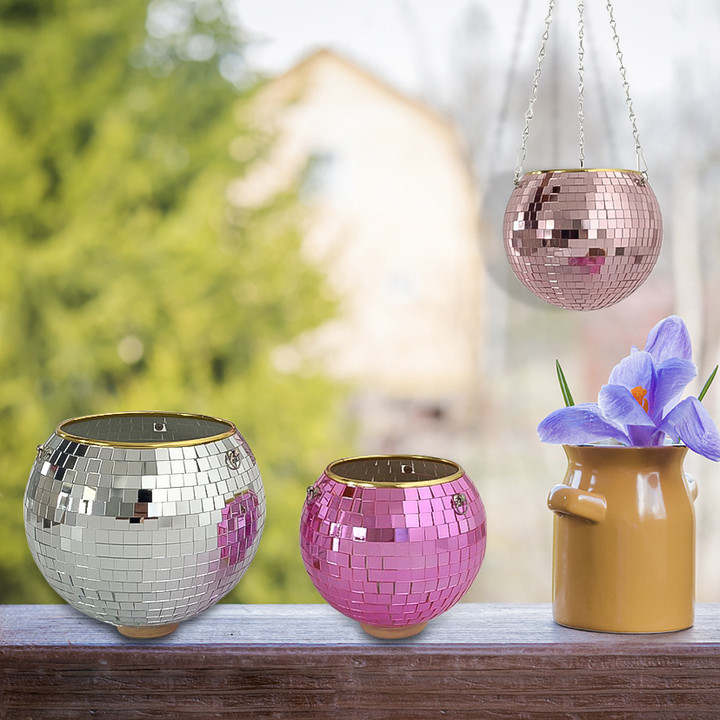 Hot selling new design 10cm 15cm 20cm 25cm silver pink rose glass balcony flower disco mirror ball planter pot ball