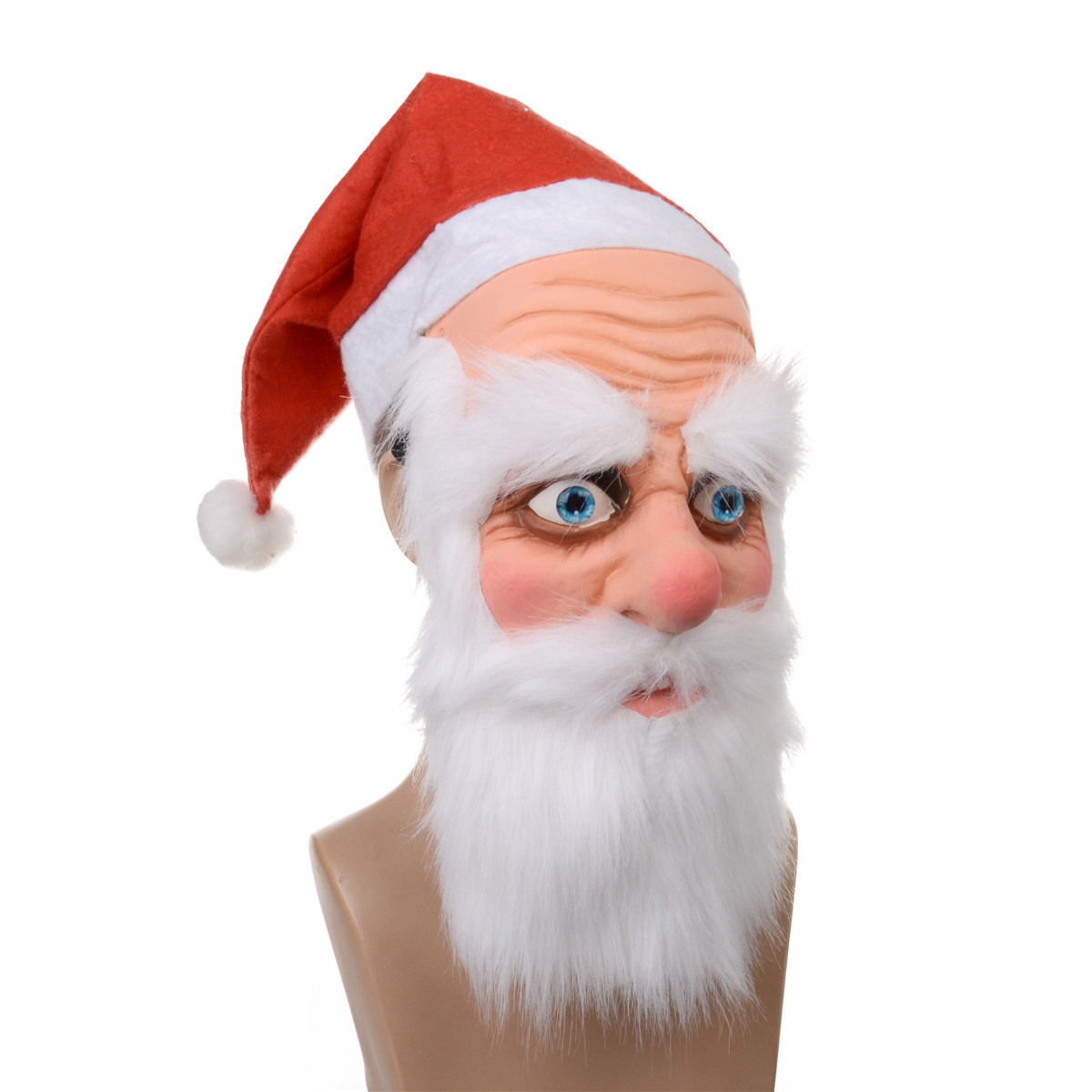 Realistic full face Christmas Santa Claus beard and red hat merry father Christmas face mask