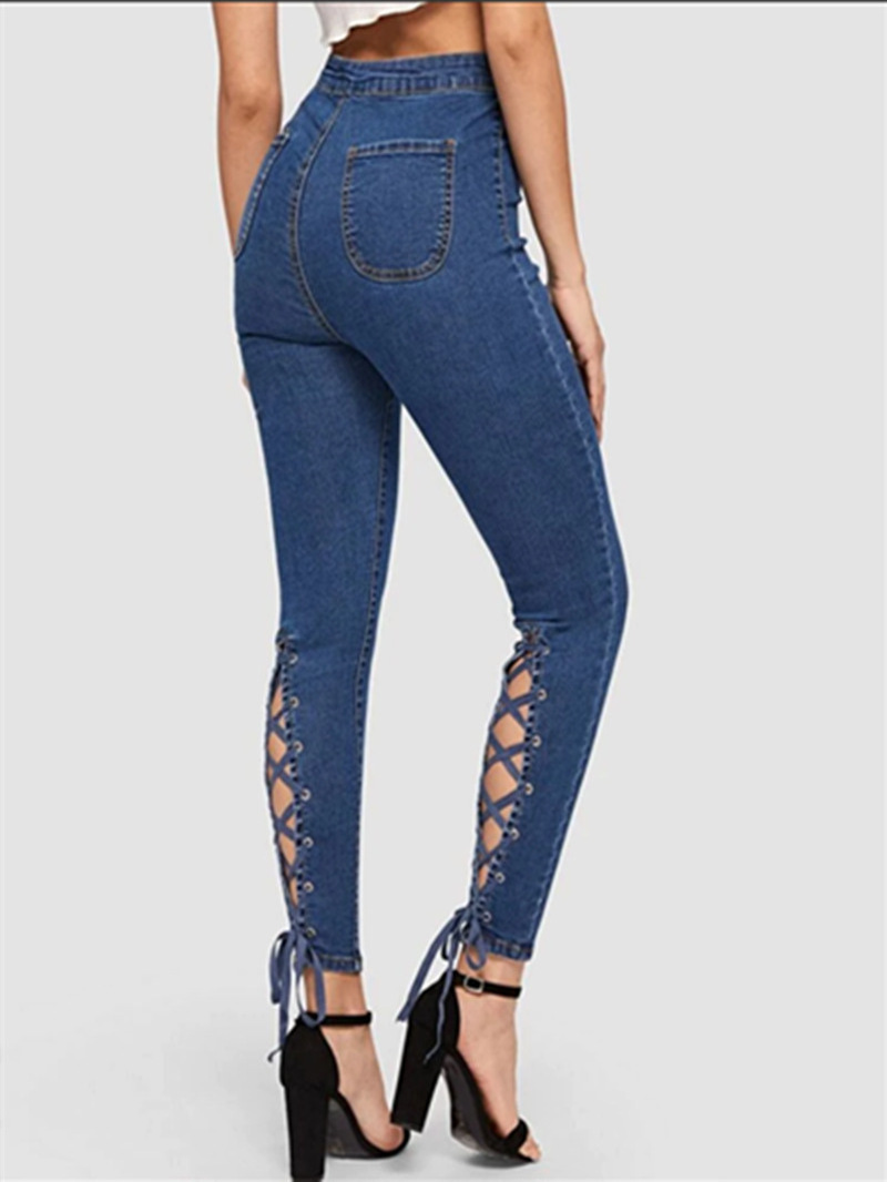 High Fashion Pants High Waist Jeans For Women Tight Stretchy Denim Trousers Wash Blue Lace Up Back Women's Jeans