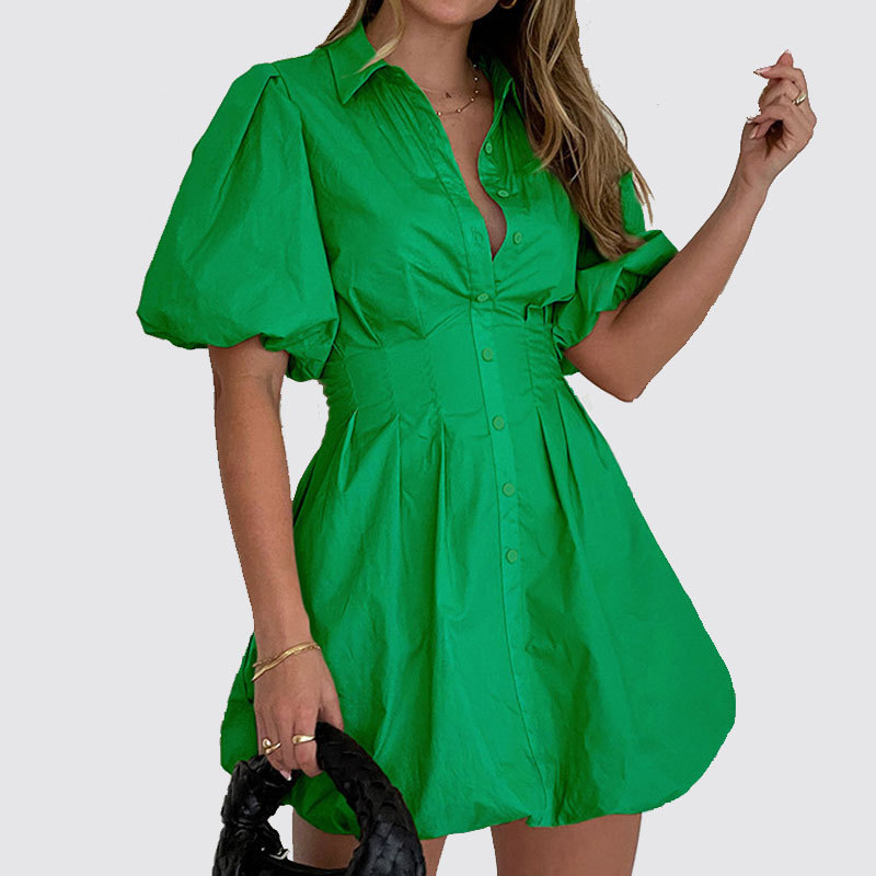 OEM Ladies Turndown Collar Puff Sleeve Casual Short Custom  Oversize Blank T Shirt Dress Women Summer Dresses