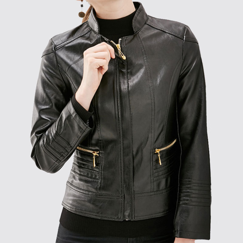 New Fashion Women Apparels Autumn Winter Zippers Biker Stand Collar Leather Jacket For Ladies