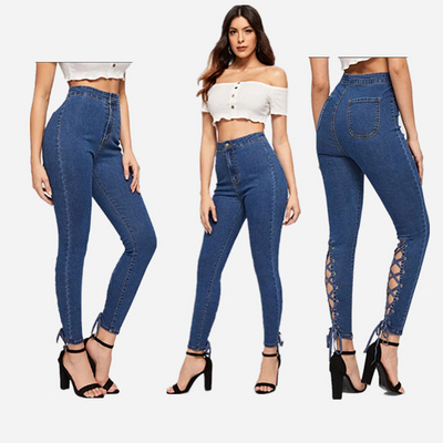 High Fashion Pants High Waist Jeans For Women Tight Stretchy Denim Trousers Wash Blue Lace Up Back Women's Jeans