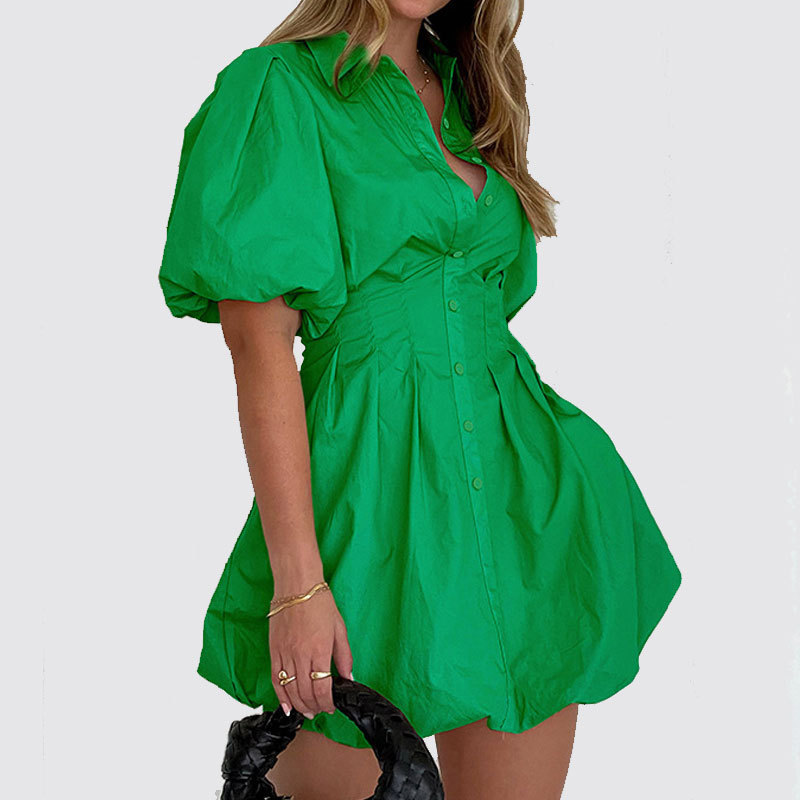 OEM Ladies Turndown Collar Puff Sleeve Casual Short Custom  Oversize Blank T Shirt Dress Women Summer Dresses