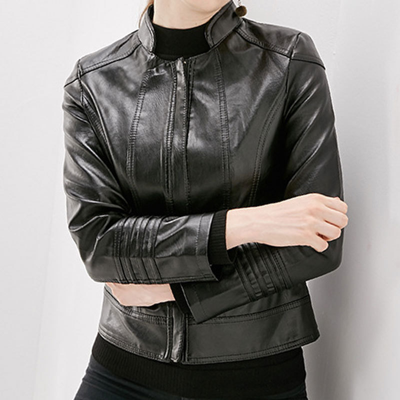 New Fashion Women Apparels Autumn Winter Zippers Biker Stand Collar Leather Jacket For Ladies