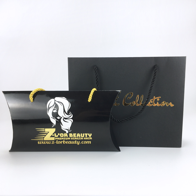 Biodegradable Foldable Black Gold Foil Stamp Pillow Bed Tie Umbrella Box Packaging Gift Paper Box Silk Pillow Case with Ribbon