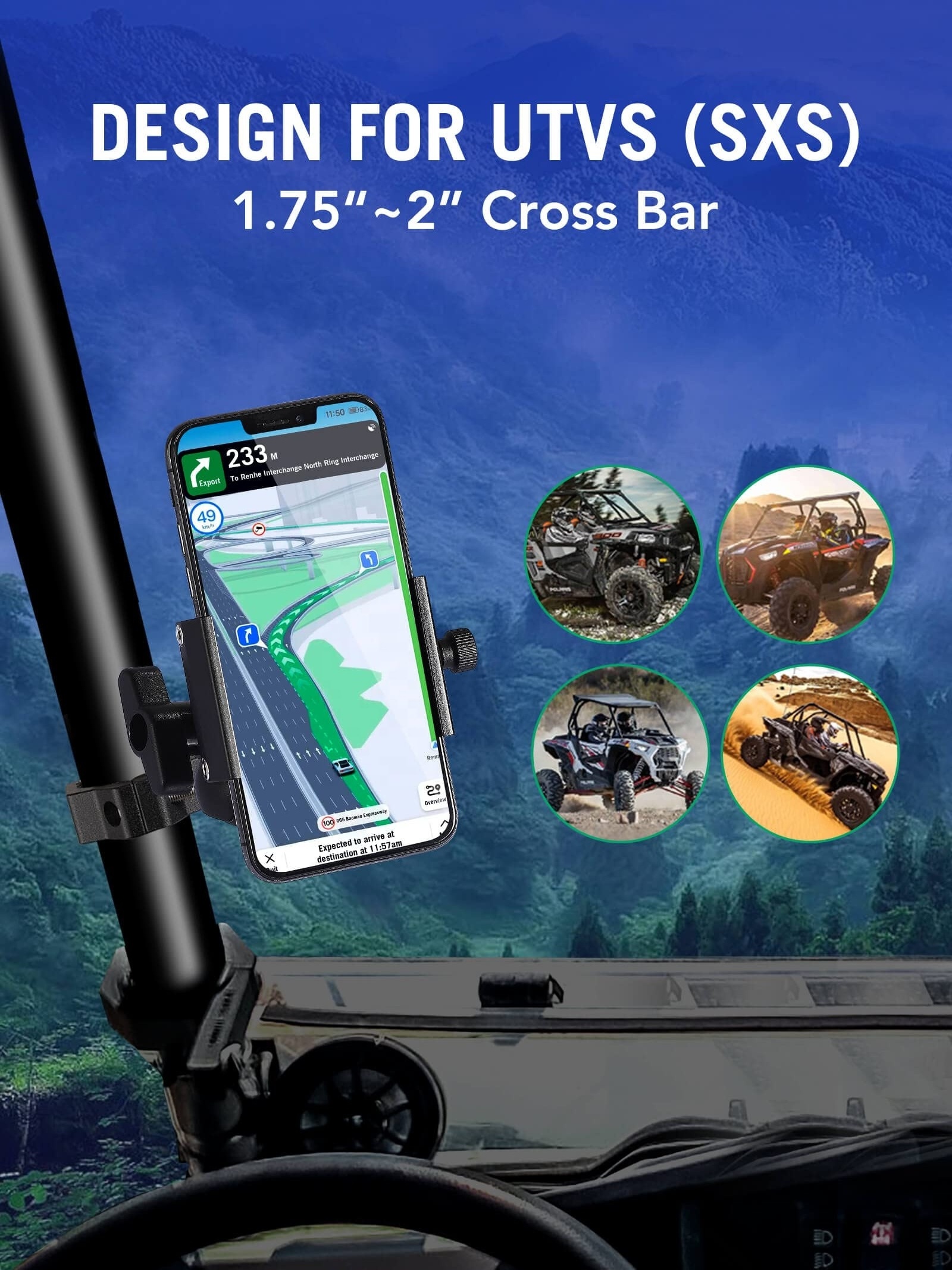 UTV Phone Holder, SXS Phone Holder Mount on 1.75