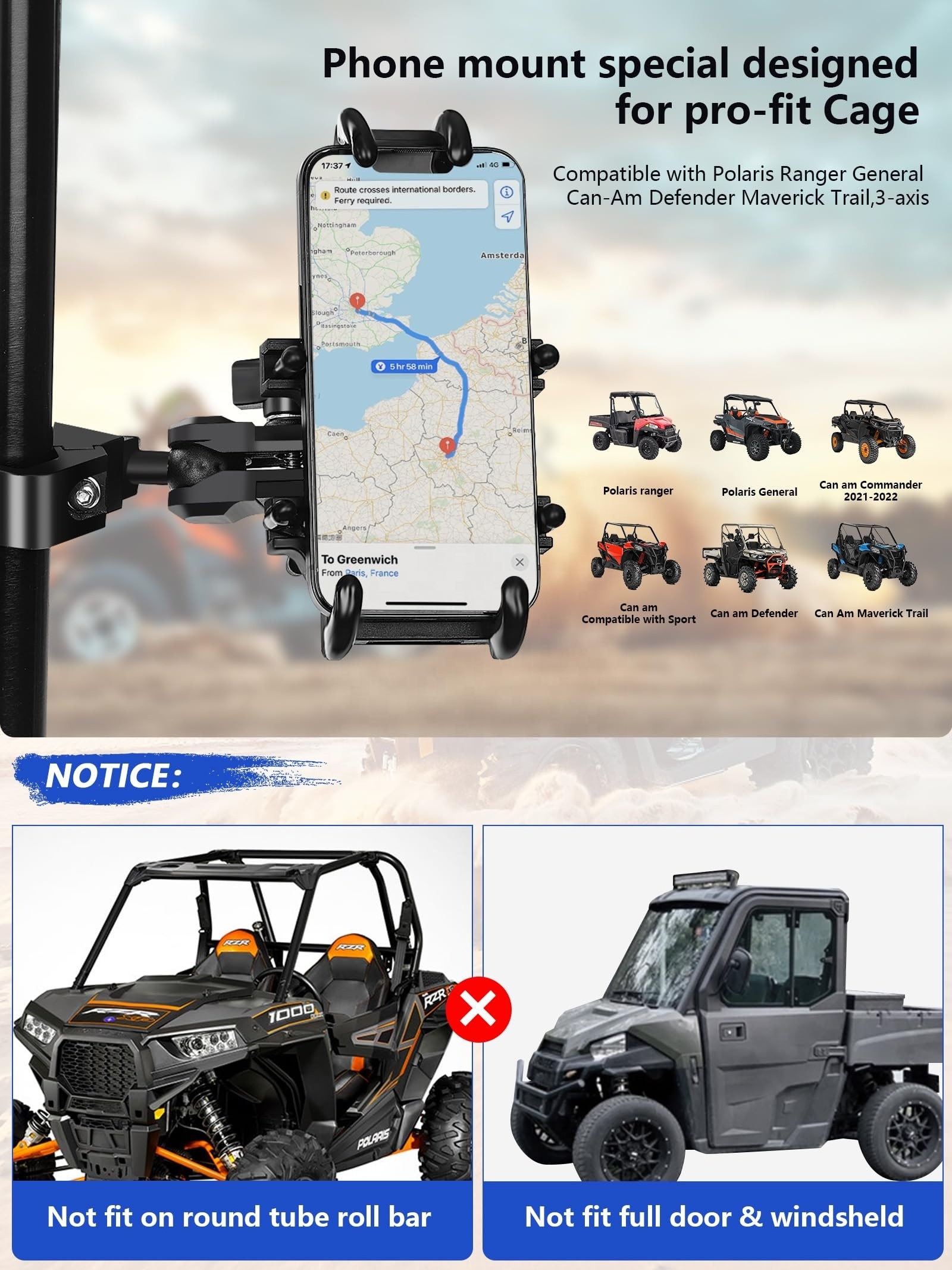 Polaris Ranger Phone Mount, Heavy Duty UTV Phone Holder Compatible with Pro-fit Cage