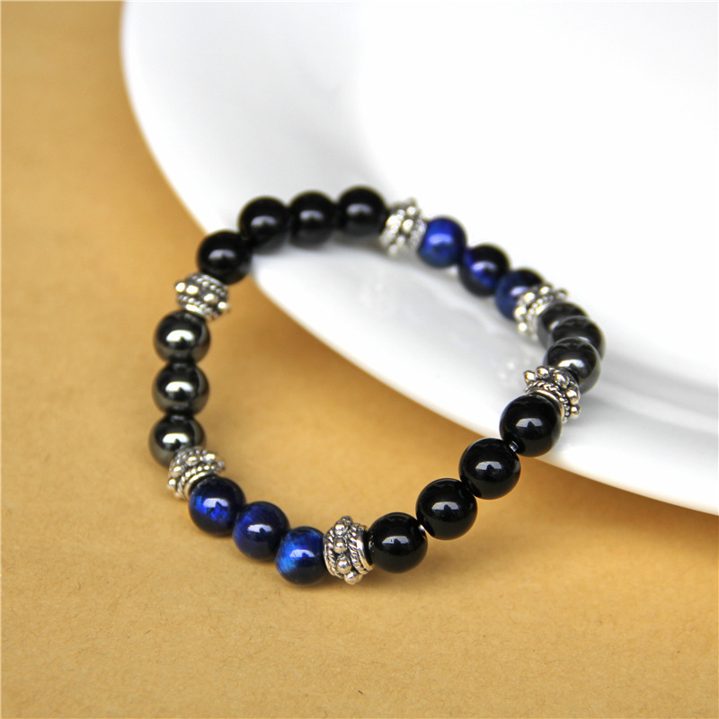 2022 New Natural Blue Green Tiger Eyes Hematite Beaded Bracelet Stretch Black Glass Beads Bracelets for Men