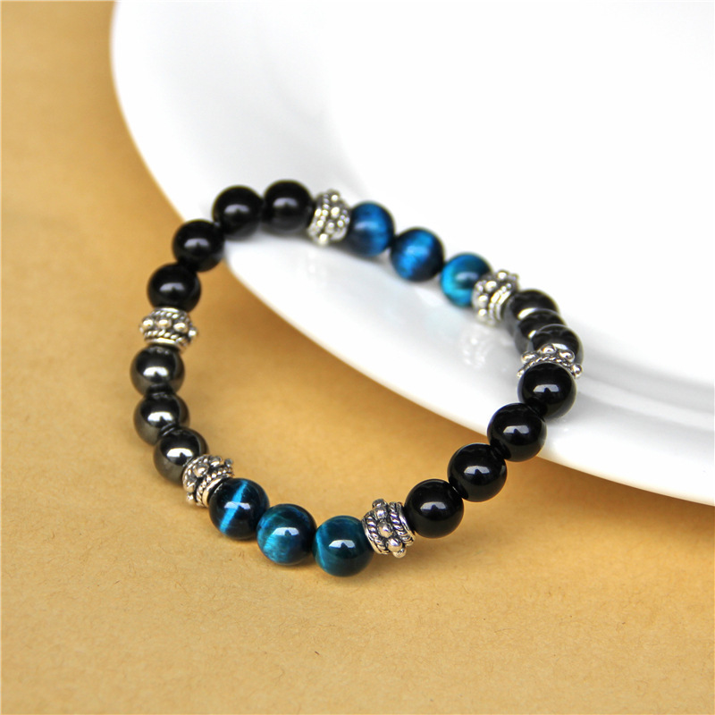 2022 New Natural Blue Green Tiger Eyes Hematite Beaded Bracelet Stretch Black Glass Beads Bracelets for Men