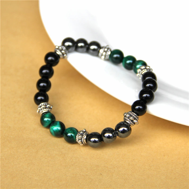 2022 New Natural Blue Green Tiger Eyes Hematite Beaded Bracelet Stretch Black Glass Beads Bracelets for Men