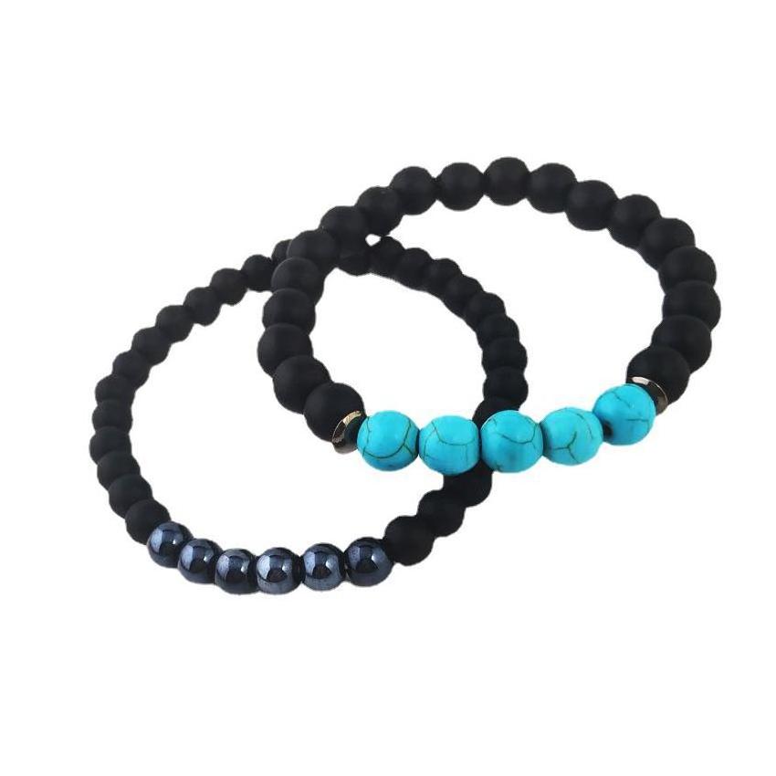 Blue Turquoise Howlite Hematite Charm Bracelets 6 8 MM Black Frosted Stone Beaded Black and White Couples Bracelets