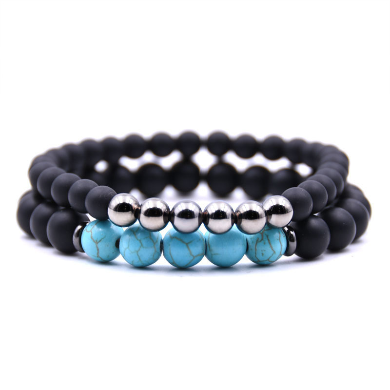 Blue Turquoise Howlite Hematite Charm Bracelets 6 8 MM Black Frosted Stone Beaded Black and White Couples Bracelets