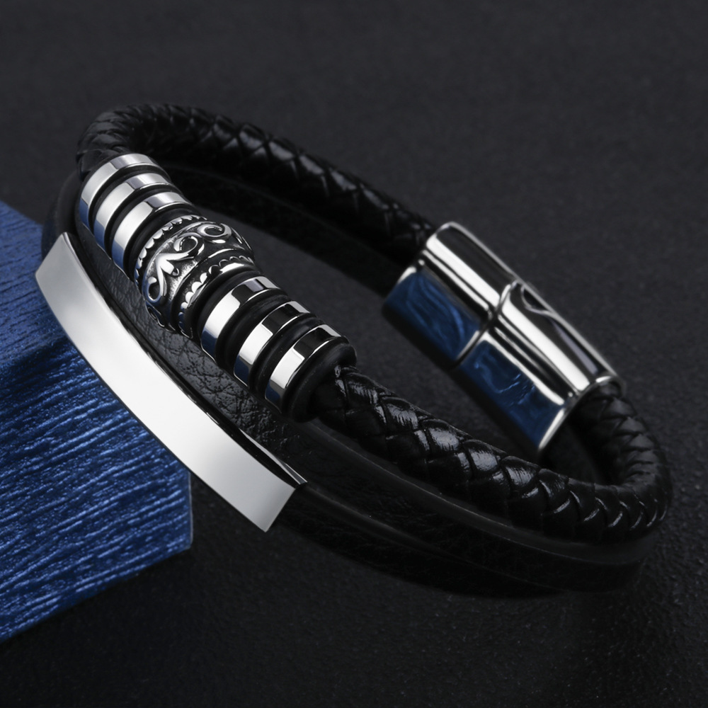 2022 New Products Europe and America Hot Selling Braided Stainless Steel Bracelet Men's Leather Bracelet Jewelry