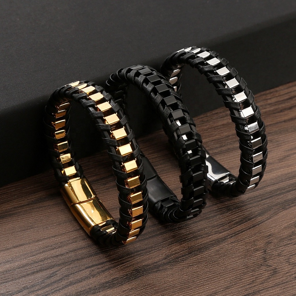 High Quality New Design Multilayered Rope String Bracelet Stainless Steel Real Leather Bracelet For Men