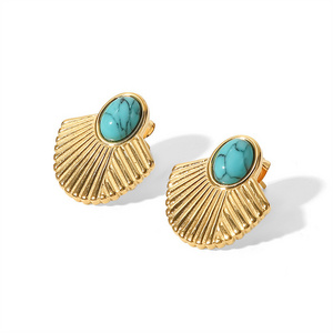 Fashion Women Luxury Elegant Vintage Geometry Turquoise 18K Gold Plated Stainless Steel Stud Earrings