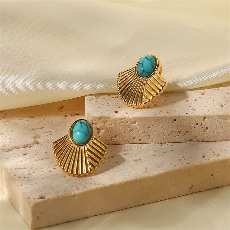 Fashion Women Luxury Elegant Vintage Geometry Turquoise 18K Gold Plated Stainless Steel Stud Earrings