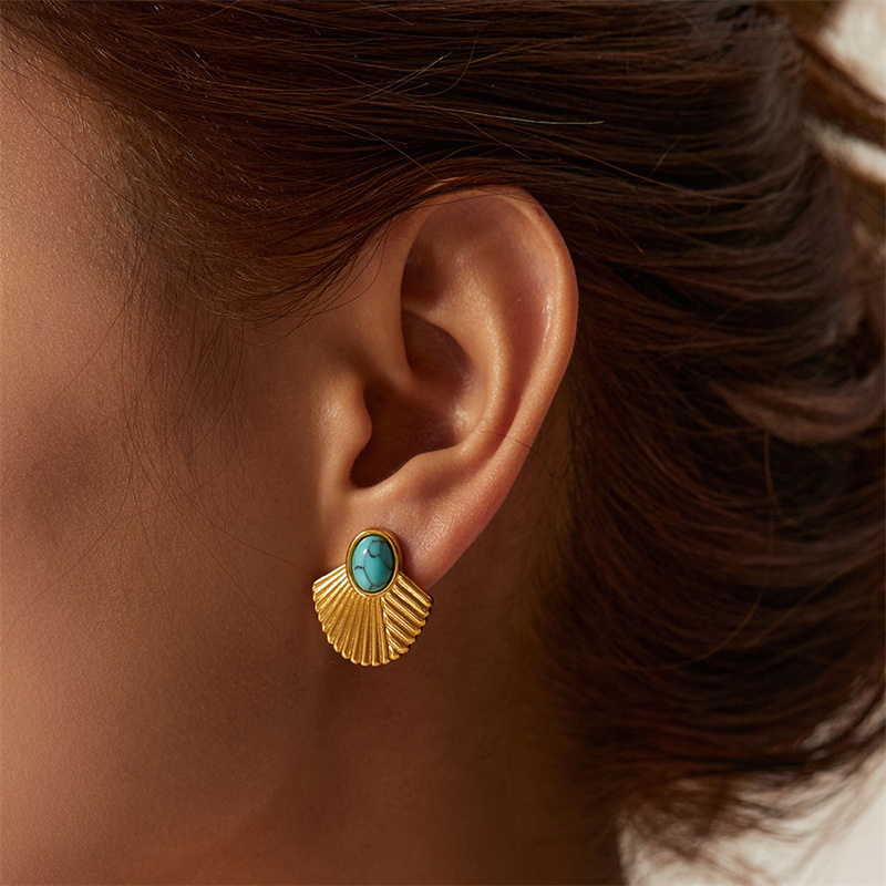 Fashion Women Luxury Elegant Vintage Geometry Turquoise 18K Gold Plated Stainless Steel Stud Earrings