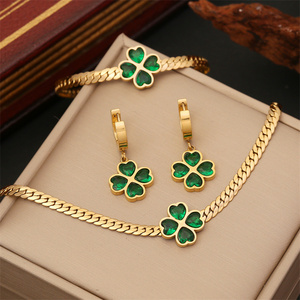 Pendant Cuban Chain Necklace Bracelet Earrings Jewelry Sets Stainless Steel High Quality Elegant Zircon Heart Flower Green 3pcs