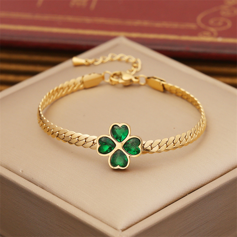 Pendant Cuban Chain Necklace Bracelet Earrings Jewelry Sets Stainless Steel High Quality Elegant Zircon Heart Flower Green 3pcs