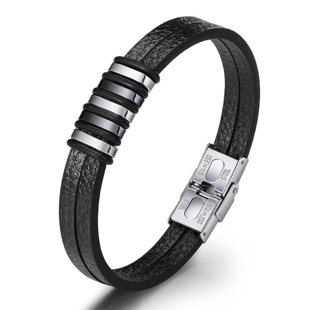 High Quality Stainless Steel Men's Leather Bracelet Cuir Homme Bijou Designer Jewelry 925 Silver Bulk Trendy