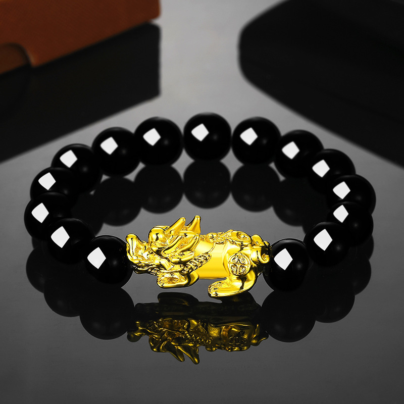 Vietnam Sand Gold PIXIU Bracelet Obsidian Six Word Fengshui Hand String Good Luck Bead Bracelet