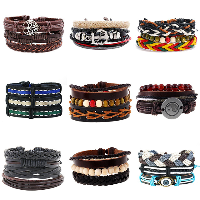 Wholesale Braided Leather Bracelet for Men Women Wooden Beaded Cuff Wrap Bracelet