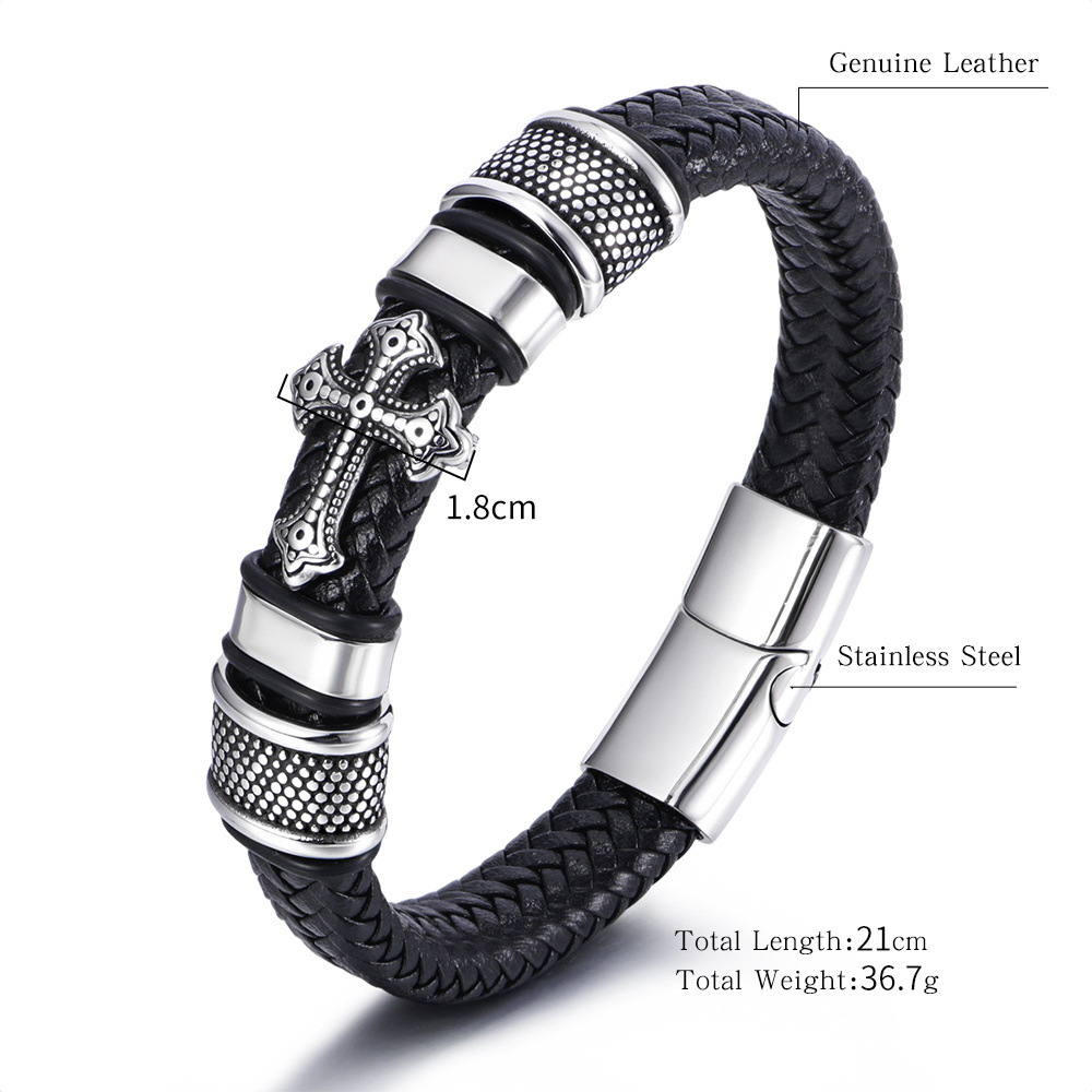 Cross Stainless Steel Wrist Cuff Bracelet Mens Leather Watch Accessories Fashion Bangles Set Vintage Designs