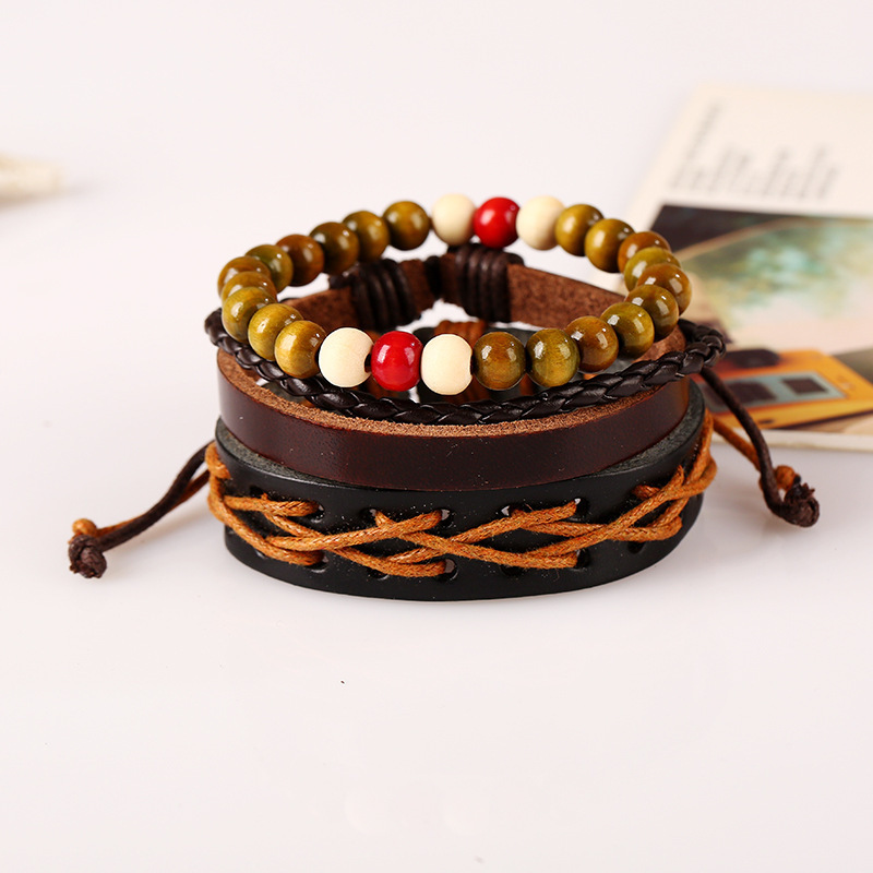 Wholesale Braided Leather Bracelet for Men Women Wooden Beaded Cuff Wrap Bracelet