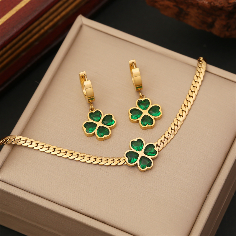 Pendant Cuban Chain Necklace Bracelet Earrings Jewelry Sets Stainless Steel High Quality Elegant Zircon Heart Flower Green 3pcs