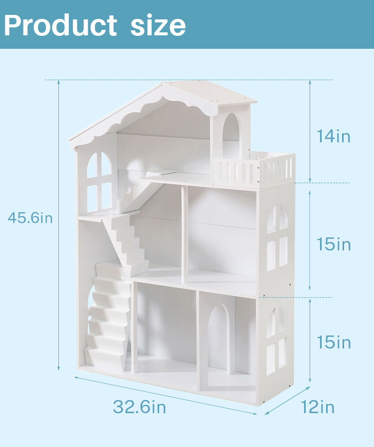 Manufacture wholesale White Doll house Three floor toys kids dollhouse bookshelf