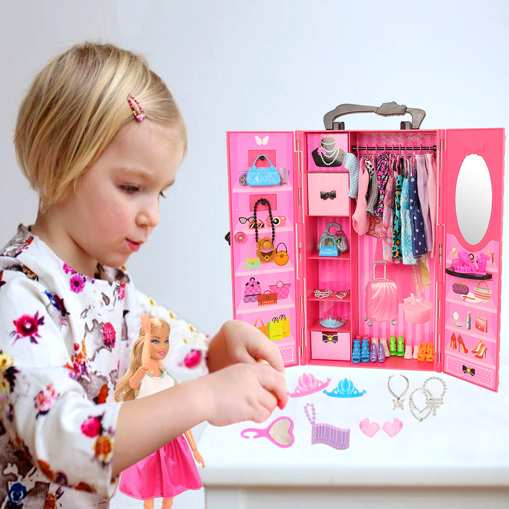 Dollhouse Furniture Closet 73 Sets=1Wardrobe+16 Doll Dresses Clothes+46 Accessories+10 Shoes For 11.5'' Doll Girl Kid Toy Gift