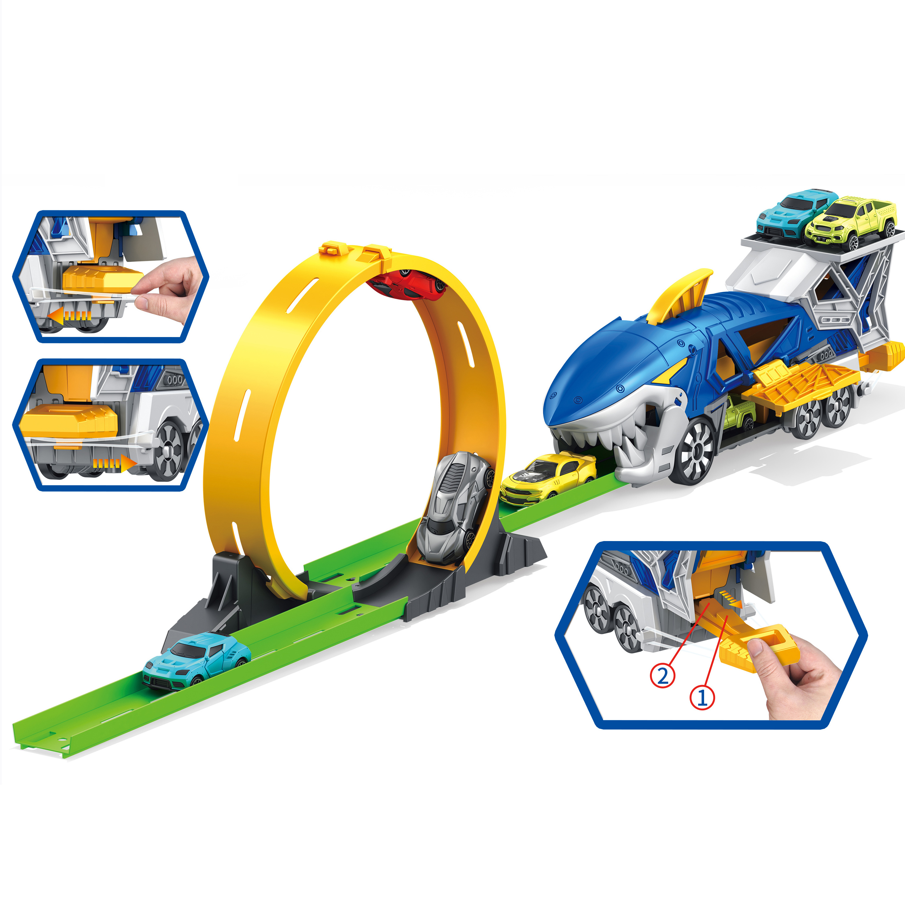 Stunt Launch Race Looping Set Toy Trucks Play set Shark Track