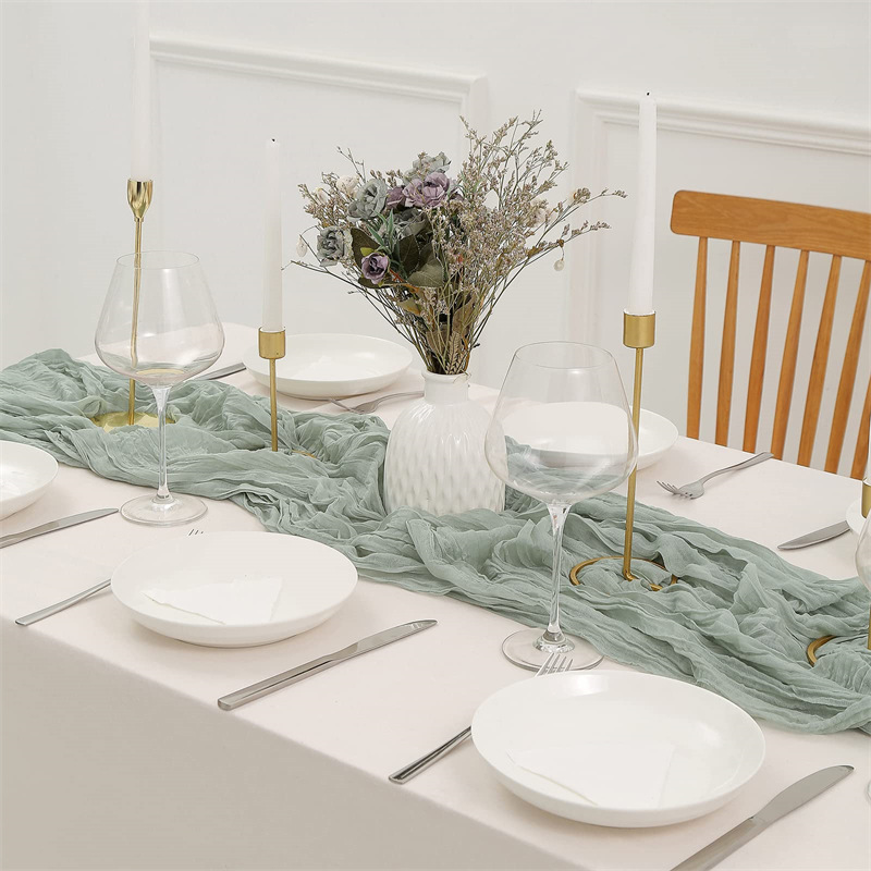 wholesale handmade cloth dinner decoration banquet party wedding cotton sage green gauze cheesecloth table runner 90x300cm