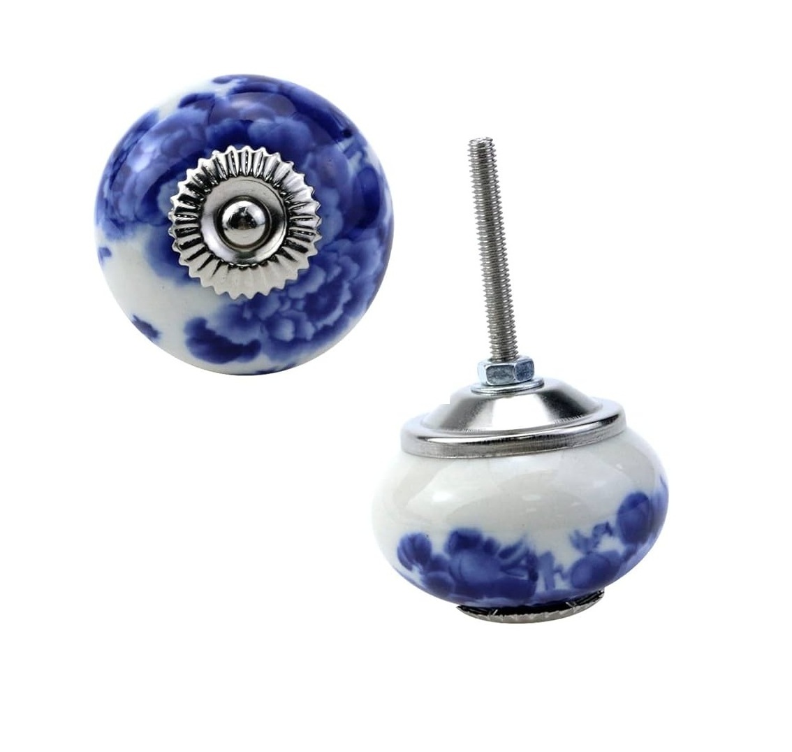 Blue Floral Print On White Theme  Furniture Knobs Drawer Cabinet Dresser Knobs Resin Door Knobs Kitchen Cabinet Handle