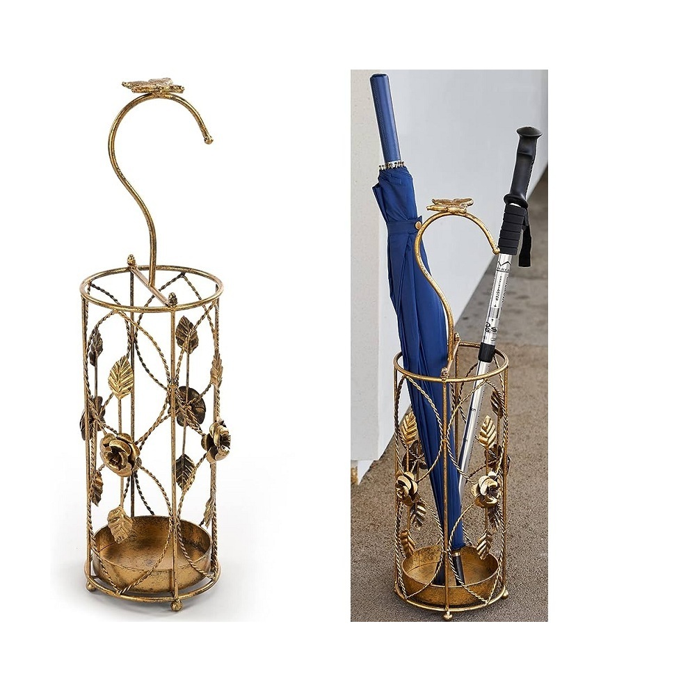 Gold Wrought Iron Umbrella Stand Free Standing umbrella holder for entryway Customized Logo Simple And Antique Look