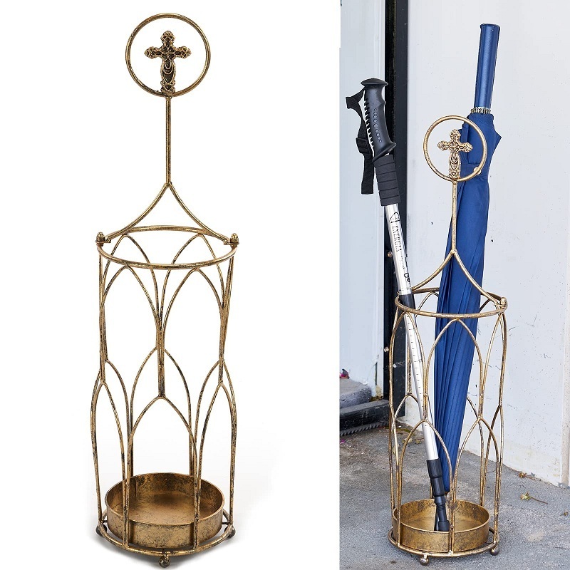 Gold Wrought Iron Umbrella Stand Free Standing umbrella holder for entryway Customized Logo Simple And Antique Look