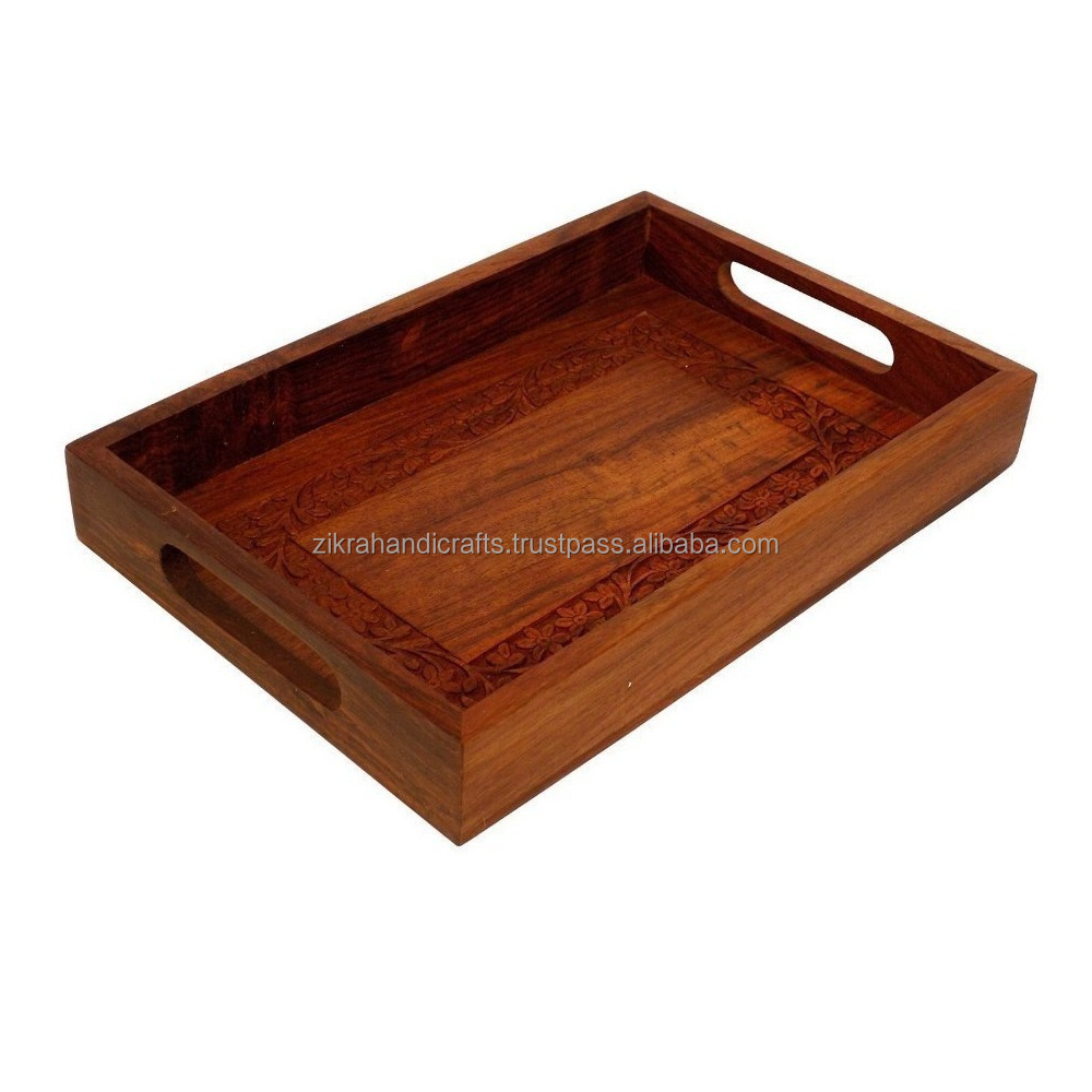 Stylish Indian Made Serving Tray Hand Made Design With Natural Wood Serving Breakfast Acacia Wooden Tray for Dinner Plate Set