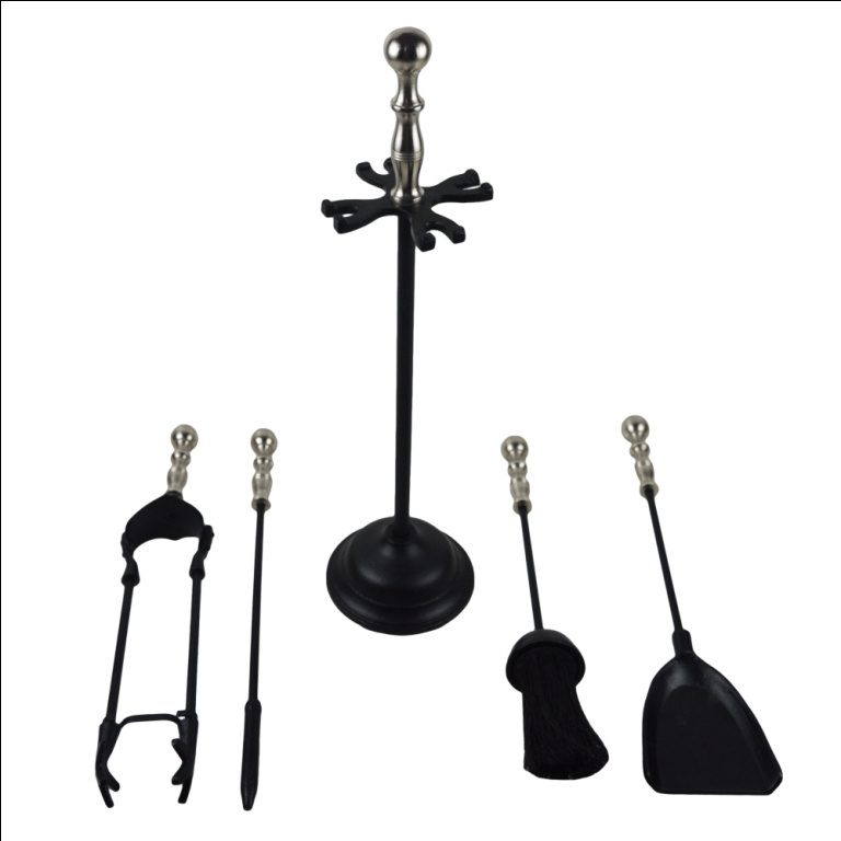 5 Pieces Scroll Fireplace Tools Cast Iron Indoor Firewood Tools with Log Holder Outdoor Fire set Pit Stand Large Tongs Shovel