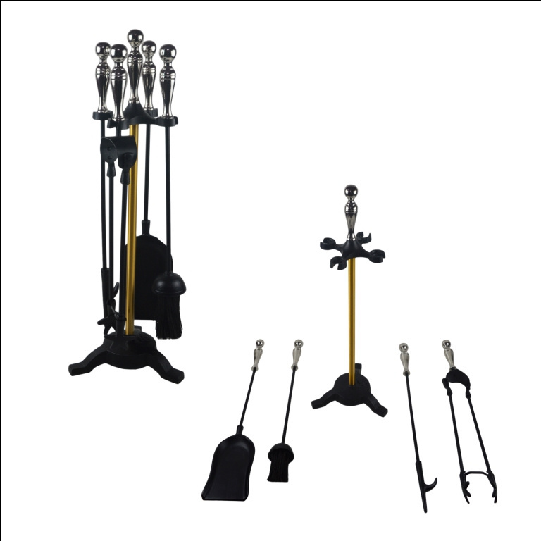 Black Fireplace Tools Sets with Handle Wrought Iron Large Fire Tool Set and Holder Outdoor Fireset Fire Pit Stand