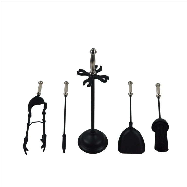 5 Pieces Scroll Fireplace Tools Cast Iron Indoor Firewood Tools with Log Holder Outdoor Fire set Pit Stand Large Tongs Shovel