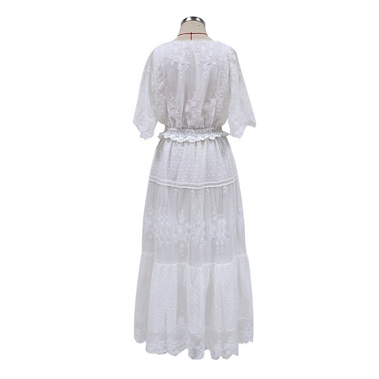 New Arrival Ladies Elegant Party Dress Short Sleeve V Neck White Mesh Long Dress