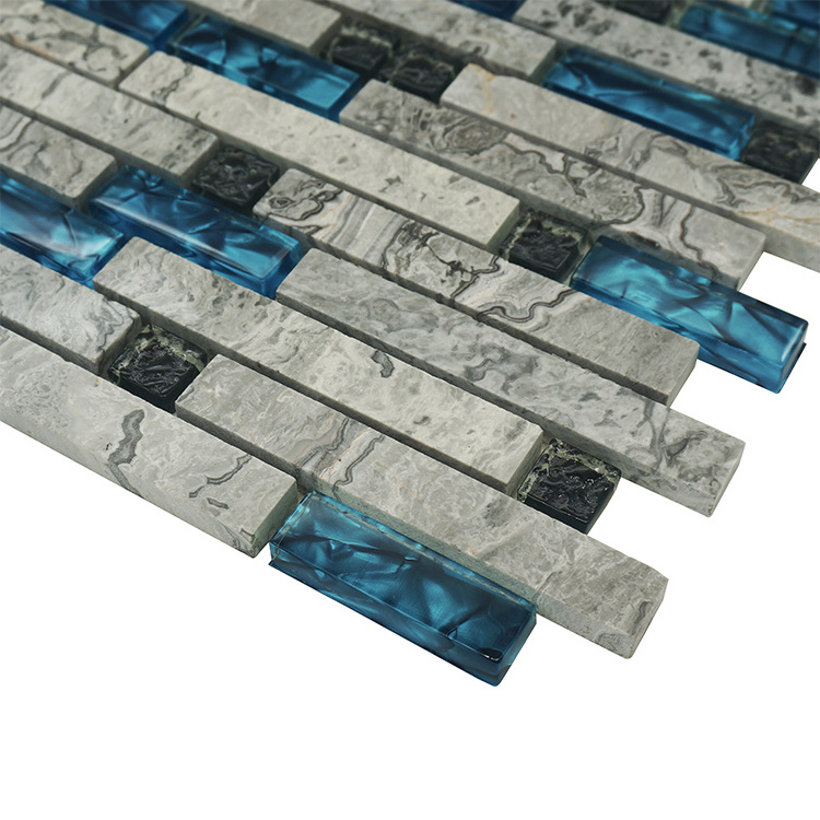 Contemporary Style Blue And Stone Mix Glass Tile For Wall And Floor Decoration