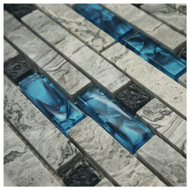 Contemporary Style Blue And Stone Mix Glass Tile For Wall And Floor Decoration